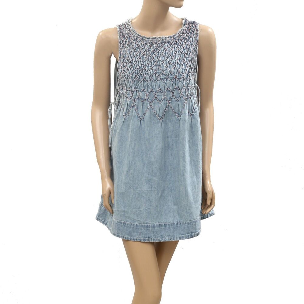 Free People Maisie Smocked Denim Mini Dress Sleeveless Pull-On Solid L 287519